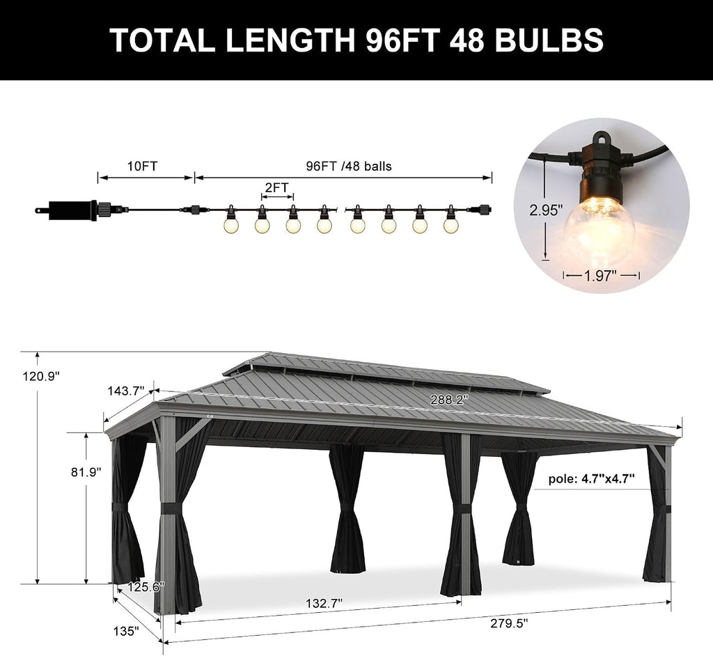 PURPLE LEAF 12' x 24' Patio Hardtop Gazebo Metal Roof Heavy Duty Wind Resistance Outdoor Permanent Large Pavilion Gazebo for Patio Deck and Garden, Netting and Curtains Included, Light Grey