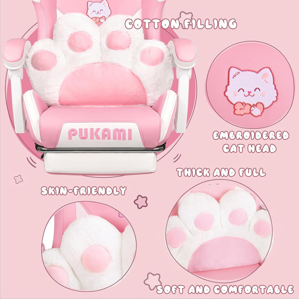 PUKAMI Pink Gaming Chair Cute with Cat Ears and Cat Paw Lumbar Cushion, Ergonomic Computer Chair for Girl with Footrest and Headrest, Comfortable Reclining PC Game Chair for Adult, Teen (Pink)