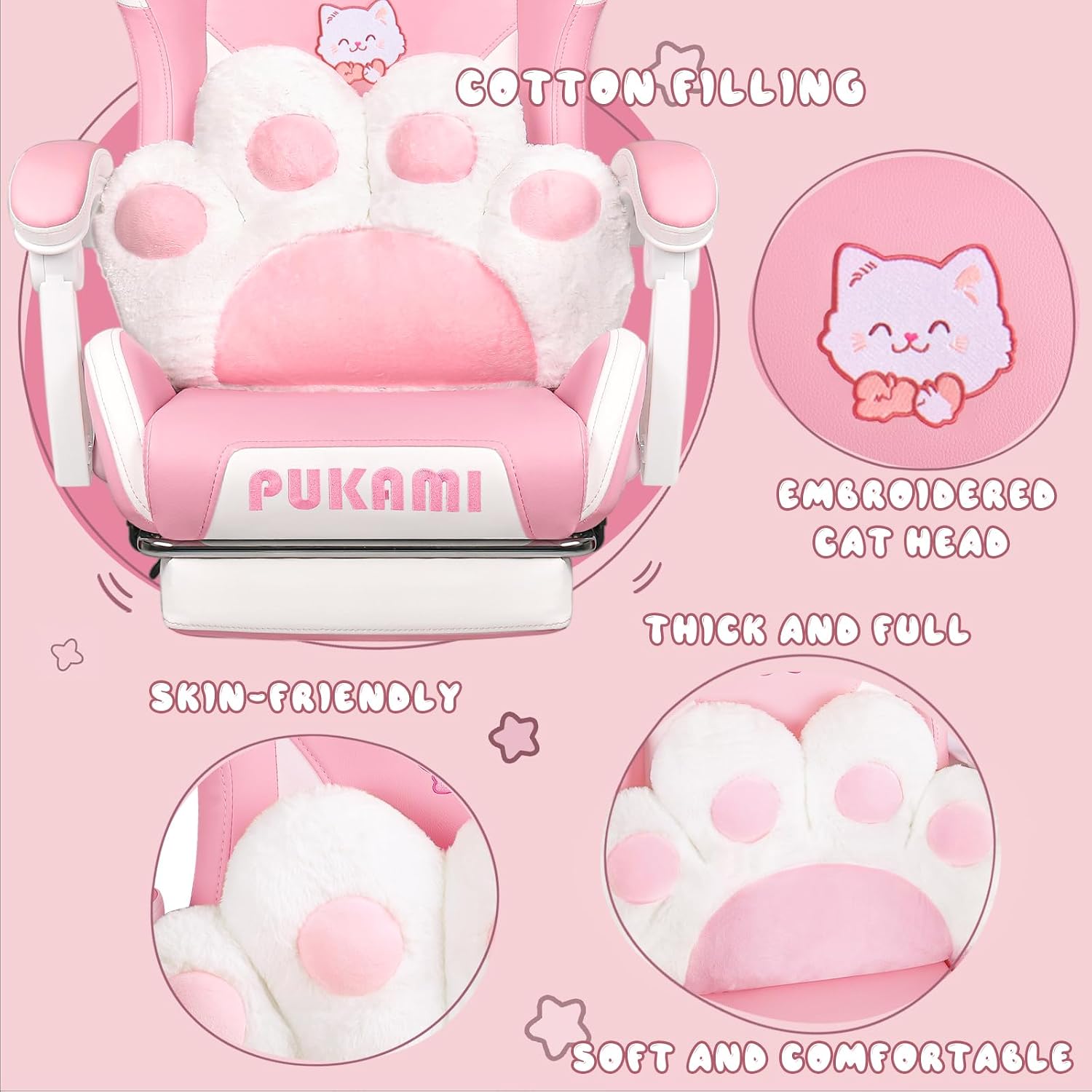 PUKAMI Pink Gaming Chair Cute with Cat Ears and Cat Paw Lumbar Cushion, Ergonomic Computer Chair for Girl with Footrest and Headrest, Comfortable Reclining PC Game Chair for Adult, Teen (Pink)
