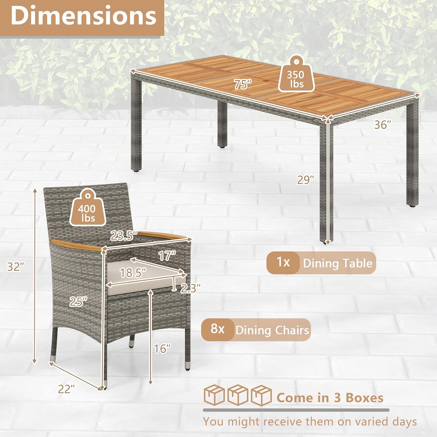 COSTWAY 9-Piece Patio Dining Set for 8, Outdoor Rattan Wicker Table and Chairs Furniture Set with Umbrella Hole, Acacia Wood Tabletop for Backyard, Balcony, Poolside, Grey & White