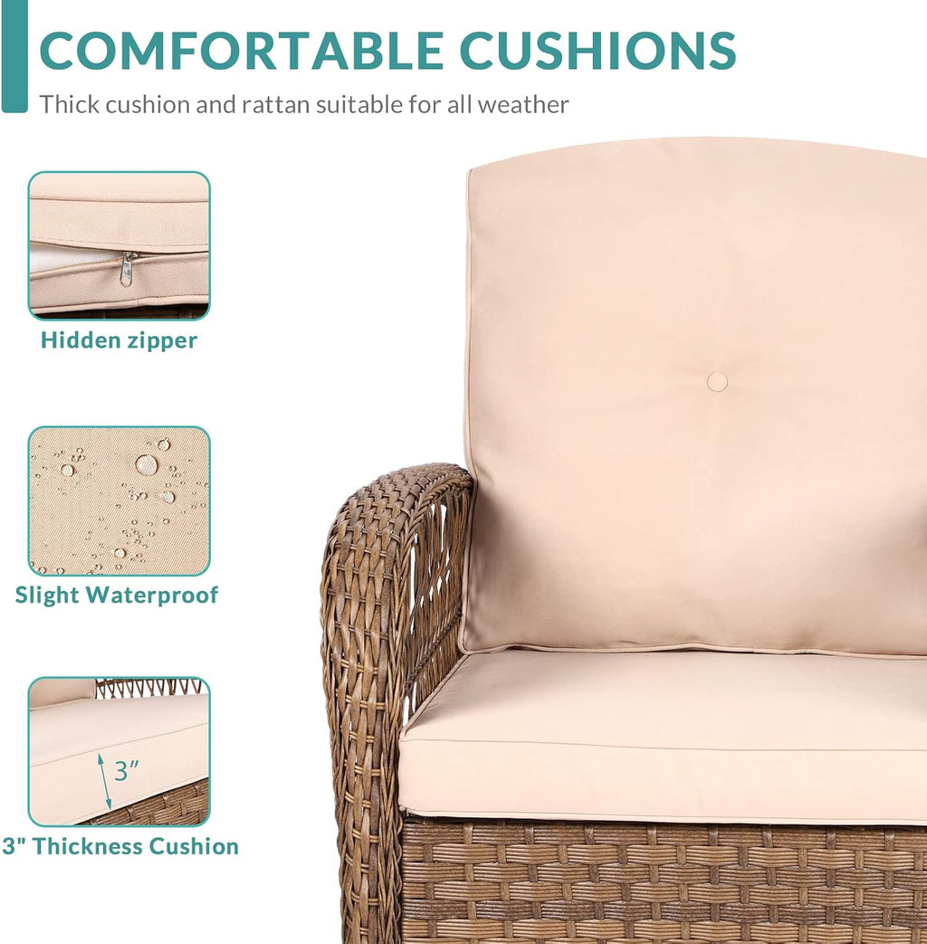 MEETWARM 3 Pieces Outdoor Patio Wicker Rocking Glider Set, Rocking Chairs Rattan Patio Furniture Sets with Thickened Cushion and Glass-Top Coffee Table, Conversation Bistro Set for Porch & Backyard