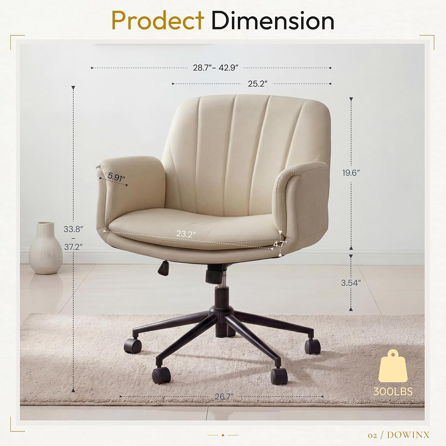 Dowinx Criss Cross Chair with Five-Level Adjustable Arms and Wheels - Comfortable Ergonomic PU Leather Swivel Vanity Chair - Computer Makeup Gaming Chair for Home Office, Bedroom, Vanity Room (Khaki)