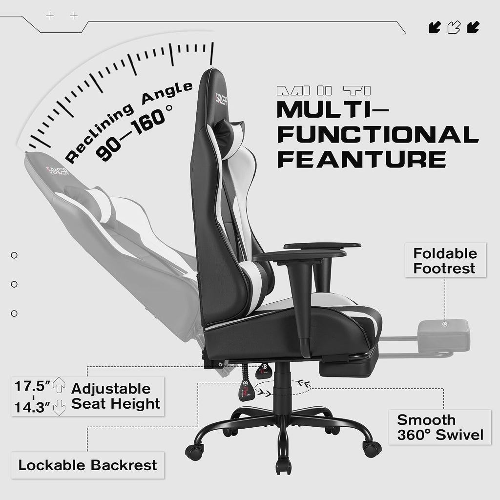 Homall Gaming Chairs, Computer Chair with Footrest and Massage Lumbar Support, Height Adjustable Game Chair with Headrest and Swivel Seat (White)