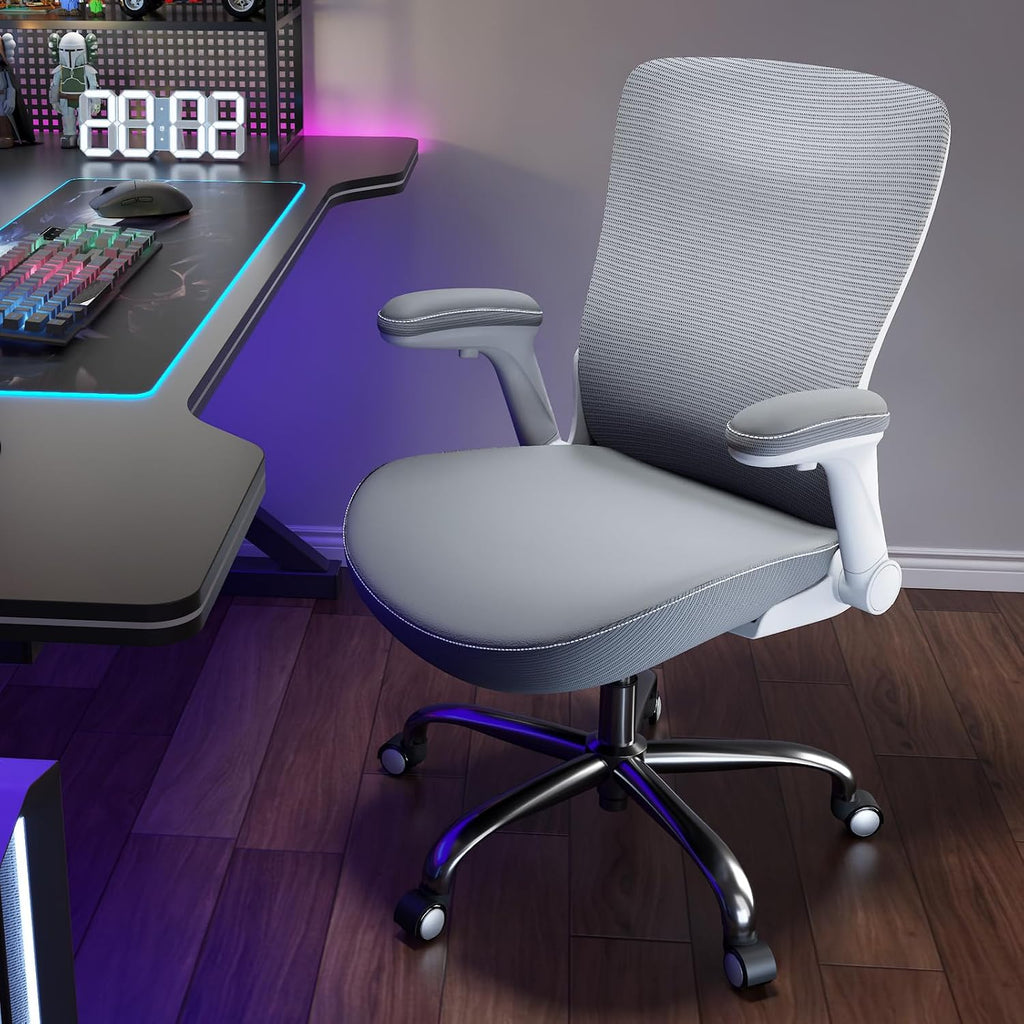 Ergalithic Office Home Ergonomic Desk Chair-Computer X-Shaped Chair Mesh PU Leather with Adjustable Lumbar Support-Executive Chair High Back Flip-Up Arms for Long Hours (White-Grey-No Headrest)