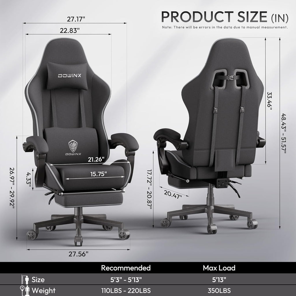Dowinx Big and Tall Gaming Chair Fabric with Footrest Pocket Spring Cushion for Home Office, High Back Recliner Height Adjustable Ergonomic Comfy Cloth Computer Desk Chair, Black