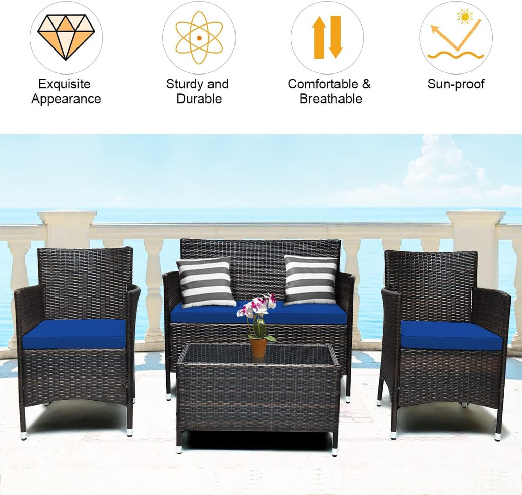 COSTWAY 4PCS Rattan Patio Furniture Set, Outdoor Wicker Rattan Chairs with Coffee Table, Rattan Cushioned Conversation Set for Backyard Balcony Porch Poolside, Navy
