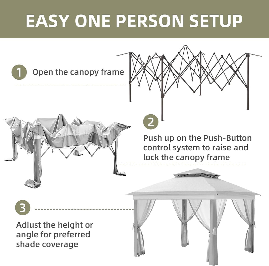 11x11 FT Outdoor Gazebo, Heavy Duty Pavilion With Sturdy Metal Frame & Double Roofs, Patio Shelter With Mosquito Netting, Ideal for Backyard, Garden, Lawn, Deck, Light Grey