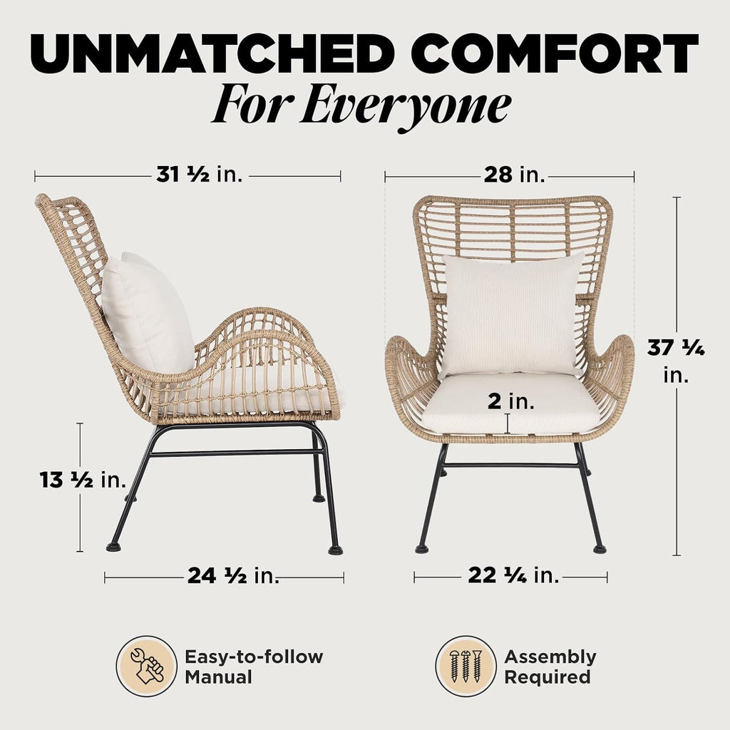 IDZO Isabelle Upgraded 2000 Hours UV Wicker Chairs Outdoor Set of 2, 500 lbs Capacity Outdoor Patio Chair, All-Weather Club Chair with Water-Resistant Olefin Cushions, Boho Style, Beige