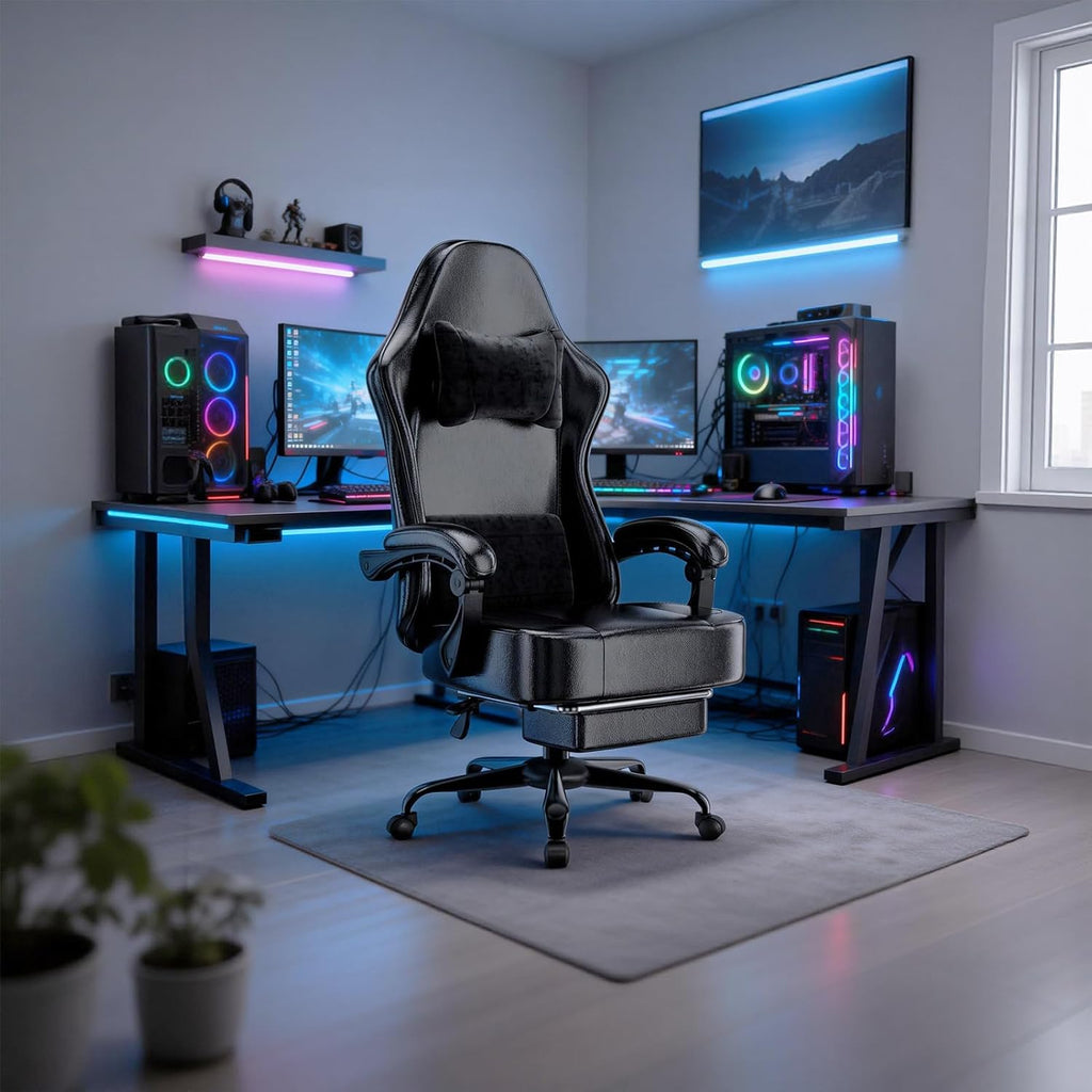 Video Game Chair for Adults, Massage Gaming Chair with Footrest, Adjustable Lumbar Pillow Gamer Chair for Kids, Comfortable Computer Chair with Leg Rest