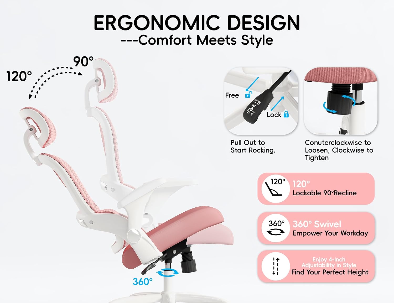 TRALT Office Chair - Ergonomic Office Chair with Back Support, Home Office Desk Chairs, 330lbs Wide Seat Big and Tall Office Chairs with Headrest, Comfy Desk Chairs (Pink)