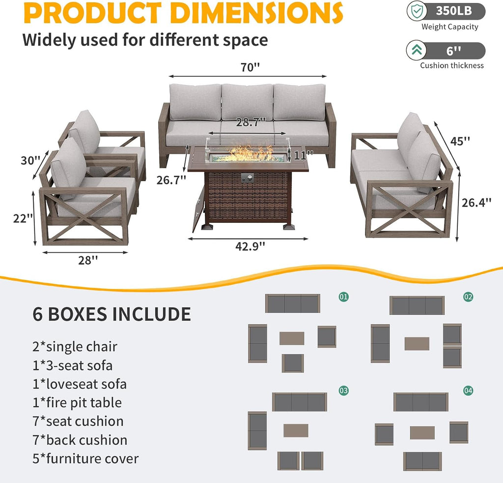 Amopatio Aluminum Patio Furniture Set with Fire Pit, 8 Pcs Metal Patio Sofa Sets with Metal Top Fire Pit Table, Modern Outdoor Furniture with 6' Cushion, Beige (Included Waterproof Covers)