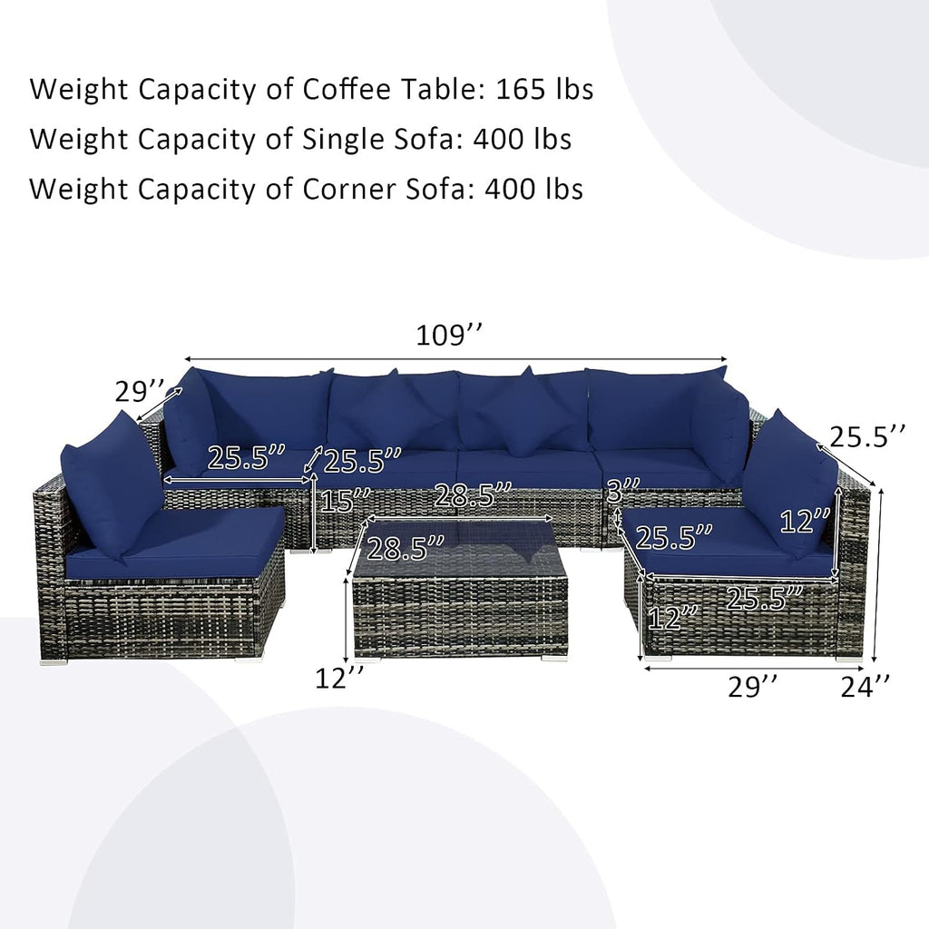 Tangkula 7 Pieces Wicker Patio Furniture Set, All-Weather Outdoor Rattan Sectional Sofa Set with Cushions & Tempered Glass Coffee Table, Outside Sofa Set for Garden, Lawn, Deck, Backyard (Navy)
