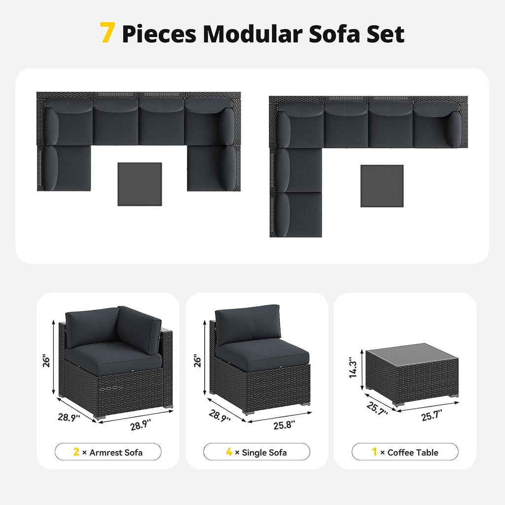 Aoxun 7 Piece Patio Furniture Set, Outdoor Sectional Sofas with Waterproof Cover, Wicker Rattan Outdoor Furniture Patio Conversation Set for Backyard, Garden Dark Grey