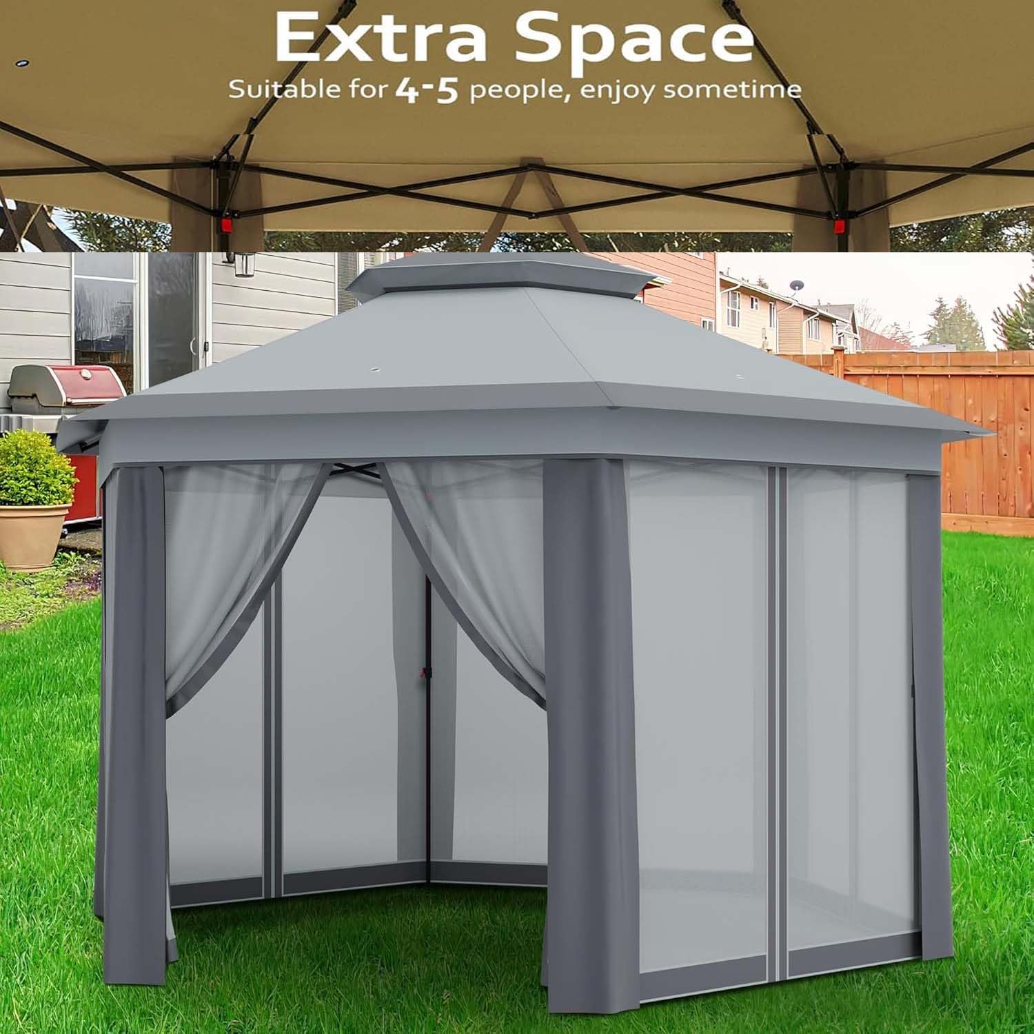 13x13FT Pop Up Gazebo Screen Tent,Hexagonal Instant Gazebo Tent with Mosquito Netting Outdoor Canopy,6 Sided Sun Shelter with Mesh Netting,Pavilion Tents for Lawn, Garden, Backyard & Patio Furniture
