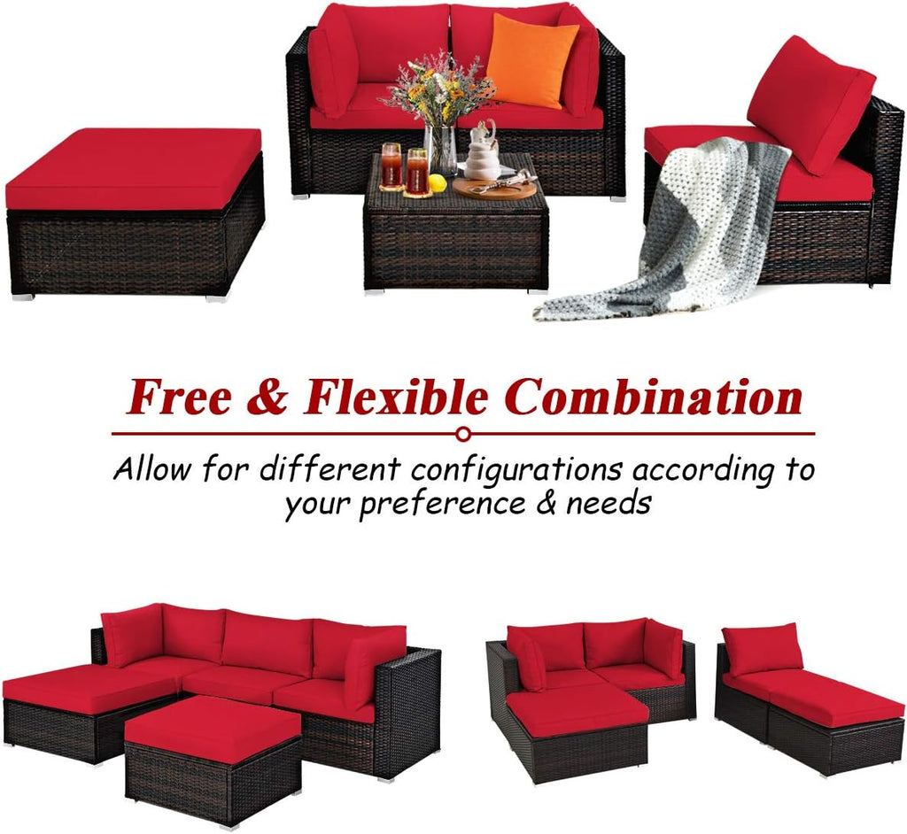 Tangkula 5 Piece Patio Furniture Set, Outdoor Sectional Rattan Sofa Set with Cushions and Coffee Table, Suitable for Backyard Porch Garden Poolside and Deck, Wicker Conversation Set (Red)
