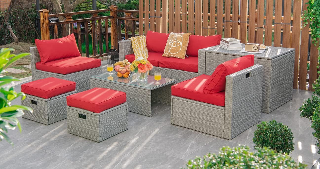 Tangkula 8 Piece Patio Wicker Furniture Set, Patiojoy Space Saving Outdoor PE Rattan Conversation Set with Storage Box & Waterproof Cover, Coffee Table, 2 Ottomans, 2 Armless Sofas & 2 Corner Sofas