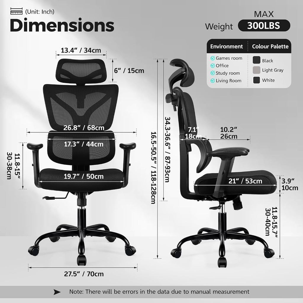 Ergonomic Office Chair High Back Desk Chair with Lumbar Support, Breathable Mesh Computer Chair with Adjustable Armrests Height, Reclining Big and Tall Gaming Chair for Home Office, (Black 2Pack