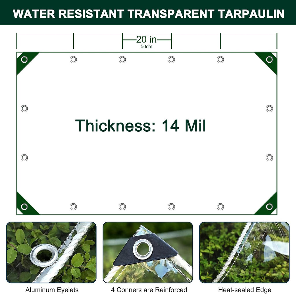 Clear Tarp with Grommets,10X14ft Transparent Heavy Duty Waterproof Tarpaulin Cover with Reinforced Edge,14Mil Thickened Tear Resistant Waterproof PVC Vinyl Tarp for Patio,Camping,Greenhouse Outdoor