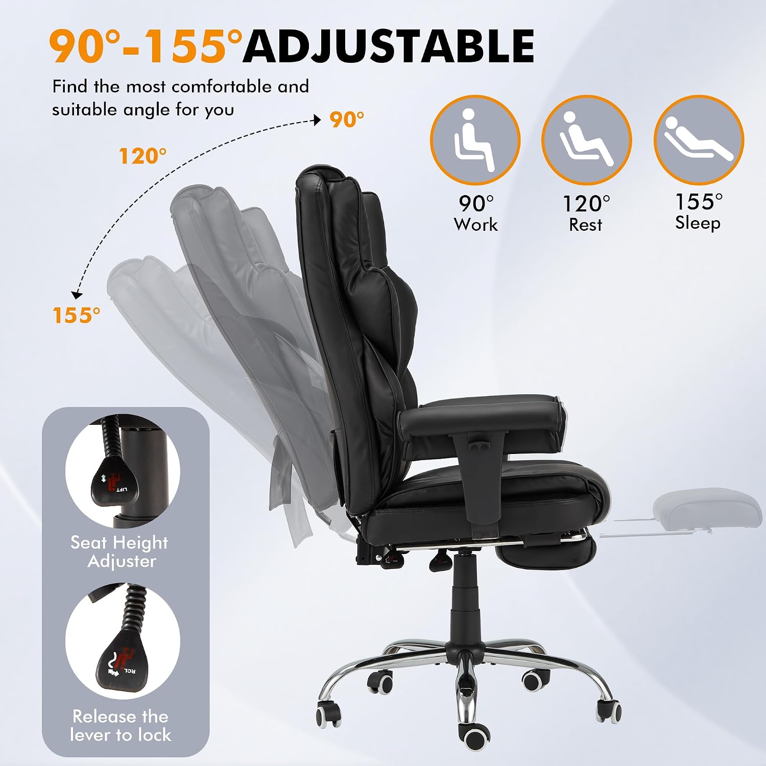 HOMREST 6-Point Massage Office Chair,Heating Executive Chairs,Ergonomic Home Office Desk Chairs with Retractable Footrest and Reclining Function,Leather Computer Chair with Adjustable Armrest(Black)