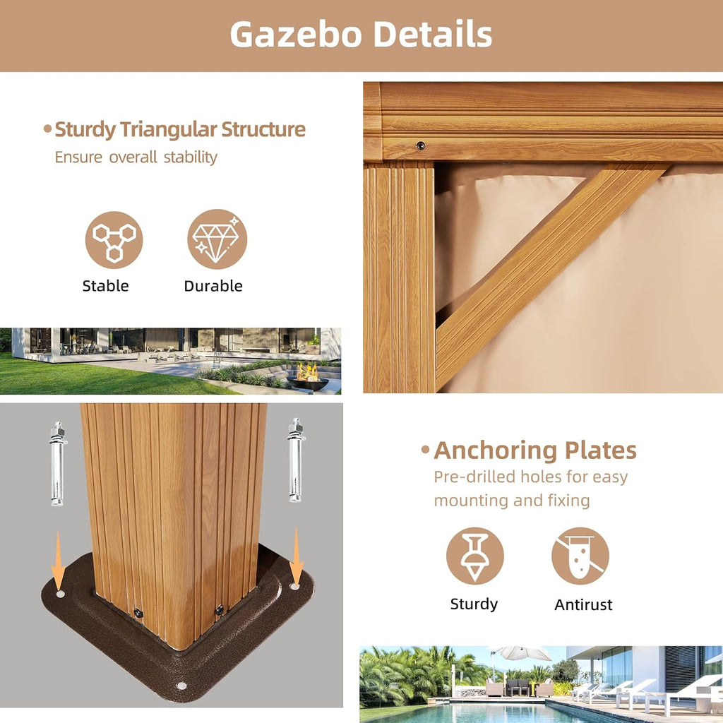 YOLENY 10' x 12' Hardtop Gazebo, Wood-Looking Gazebo with Galvanized Steel Double Roof, Aluminum Frame, Permanent Metal Pavilion with Netting and Curtains for Deck, Backyard, Patio and Lawns