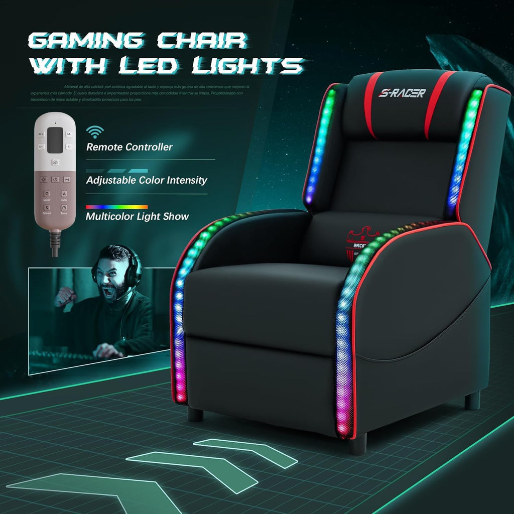 Homall LED Gaming Massage Recliner Chair Racing Style Single Living Room Sofa Comfortable Ergonomic Home Theater Seating(Red)