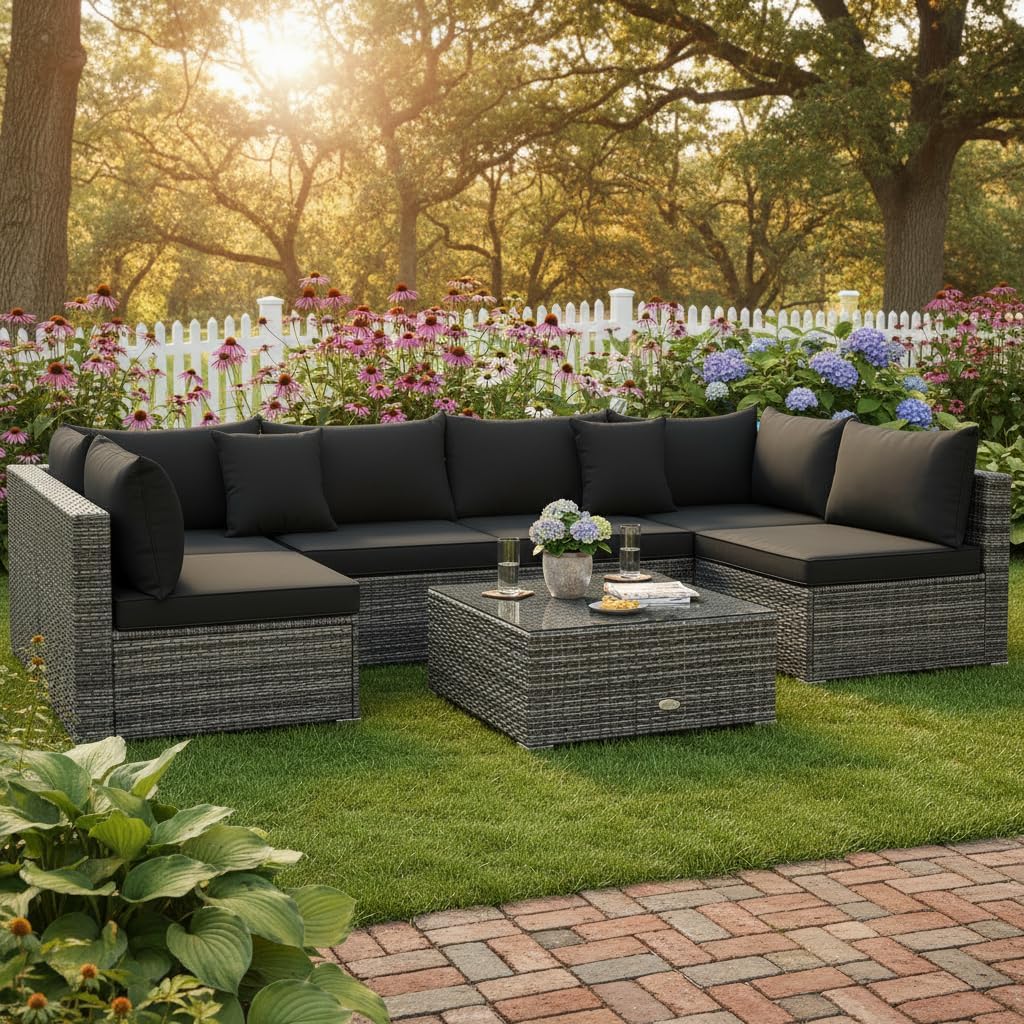 Tangkula 7 Pieces Patio Rattan Furniture Set, Patiojoy Outdoor Conversation Set with Cushions and Tempered Glass Coffee Table, All-Weather Sectional Sofa Set for Garden, Lawn, Backyard (Black)