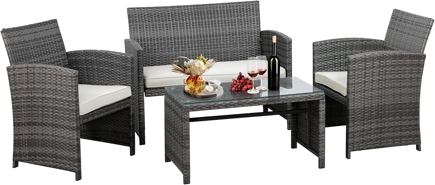JAMFLY 4 Piece Outdoor Patio Furniture Set, Outdoor Wicker Rattan Chairs Conversation Sets with Cushions & Coffee Table for Outside, Garden, Balcony, Porch, Beige