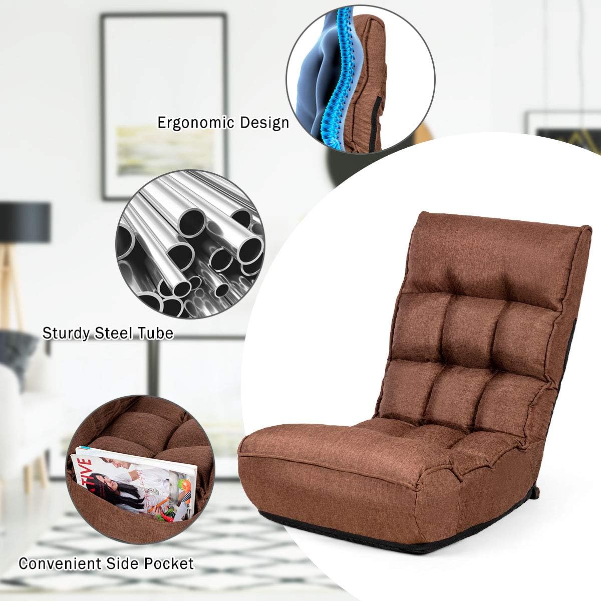 Giantex Floor Chairs for Adults with 4-Position Adjustable Back, 6-Position Adjustable Headrest, Side Pocket, No Assembly Required, Banana Chairs, Folding Gaming Chair Floor, Brown