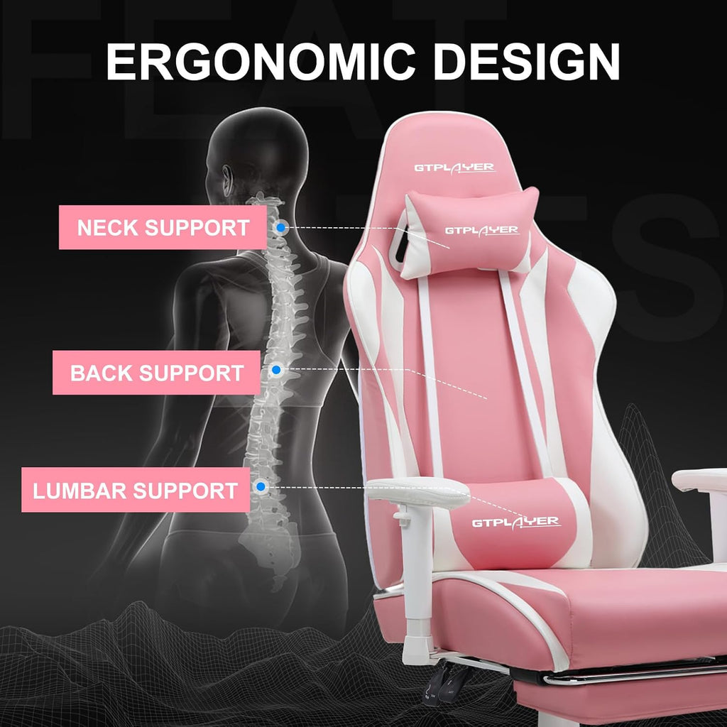 GTPLAYER Gaming Chair with Footrest, Ergonomic Computer Game Desk Chair, Recline Gaming Chair Seat Height Adjustment, Swivel Rocker with Headrest and Lumbar (Pink)
