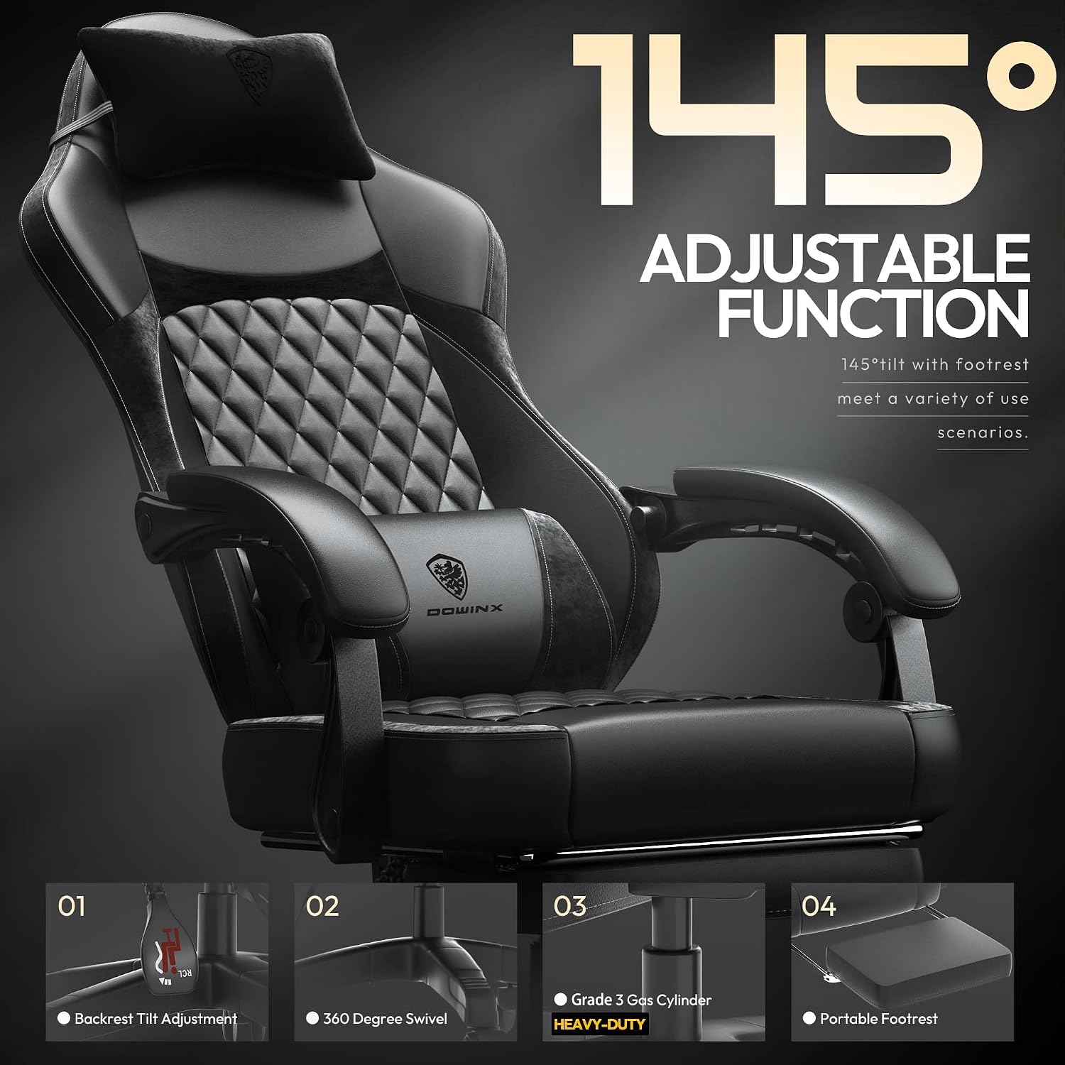 Dowinx Gaming Chair with Pocket Spring Cushion, Ergonomic Computer Chair with Massage Lumbar and Footrest for Adults, High Back Game Chair Leather for Office Gaming 300LBS, All White (Black)