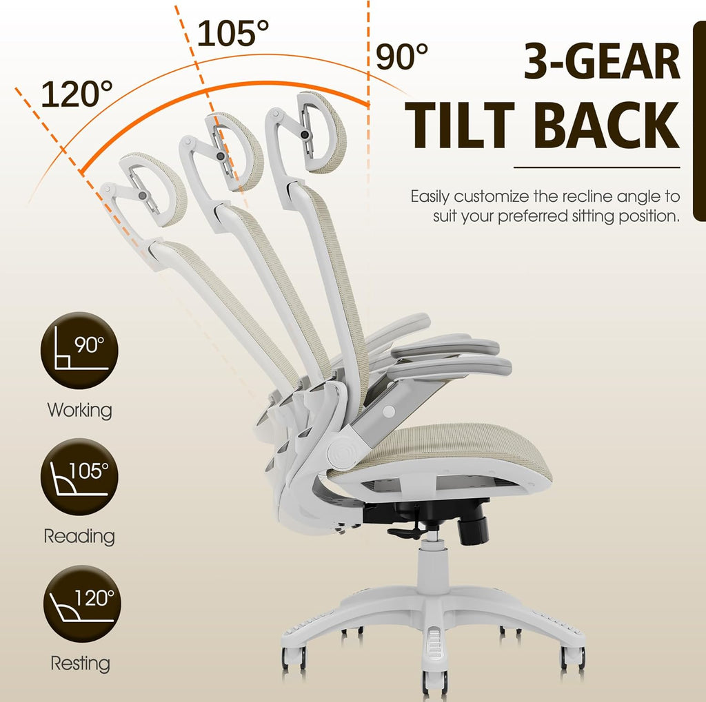GABRYLLY Ergonomic Office Chair, High Back Home Desk Chair with Headrest, Flip-Up Arms, 90-120° Tilt Lock and Wide Cushion, 300LBS Mesh Chairs for Man Woman, White Task Chair(Beige,GY01WBG)