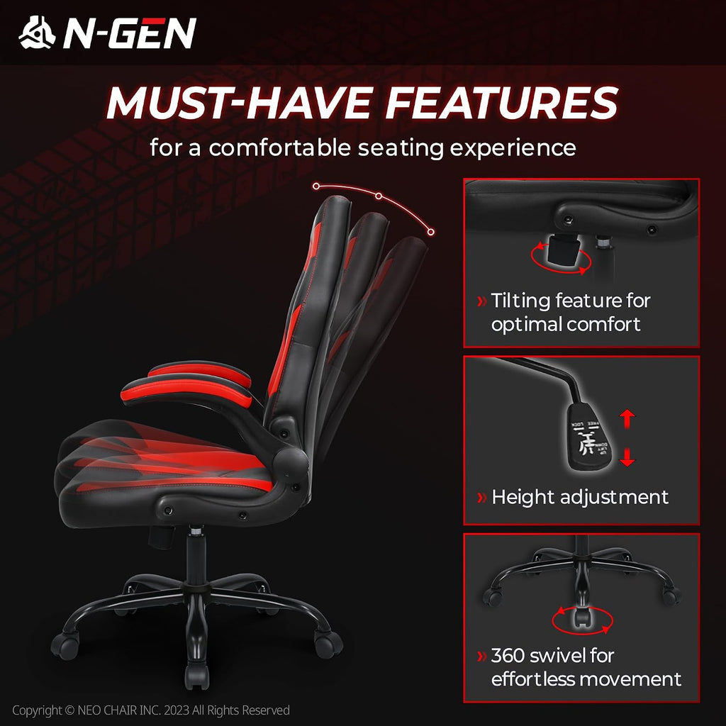 N-GEN Video Gaming Chair Ergonomic Computer Desk Office Chair with Lumbar Support Adjustable Height Swivel Wheels Flip-Up Arms PU Leather Home and Office (Red)