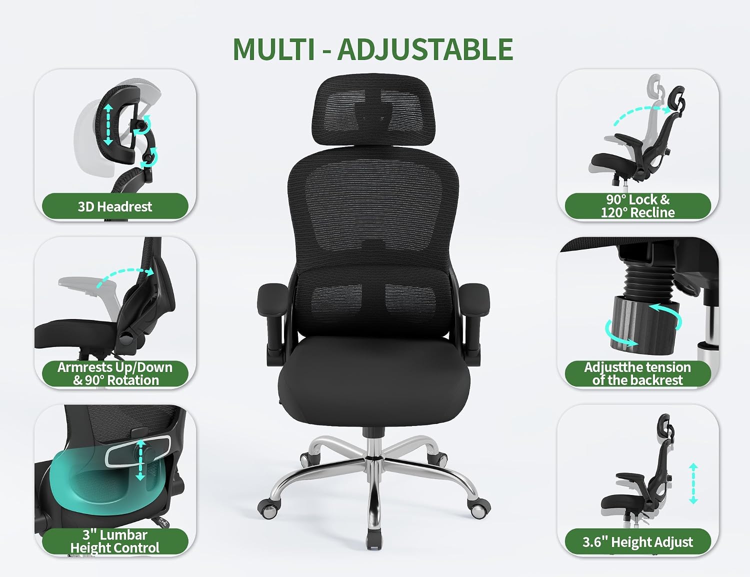 Office Chair - Ergonomic Desk Chair with Adjustable Headrest Lumbar Support Computer Chair - Mesh Comfy Chairs with Flip-up Armrests - Big and Tall Gaming Chairs for Adults Home Office(Black)