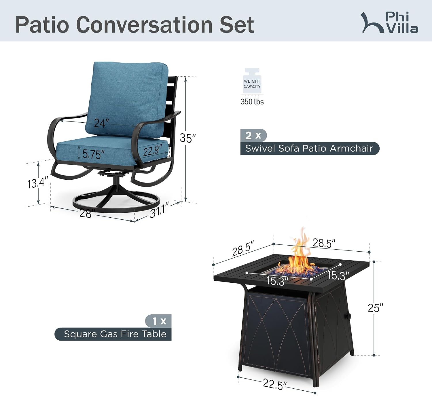 PHI VILLA 5 Piece Patio Furniture Set with 28' Firepit Table, 4 Outdoor 5.75' Cushioned Metal Frame Swivel Sofa Chairs & 28' Gas Firepit Table, Outside Furniture Set for Lawn Garden(Navy Blue)