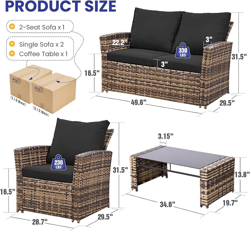 FHFO 4 Piece Patio Furniture Set, Wicker Outdoor Conversation Furniture Set, All Weather Patio Sofa Couch with Cushion & Glass Table, Yellow/Black