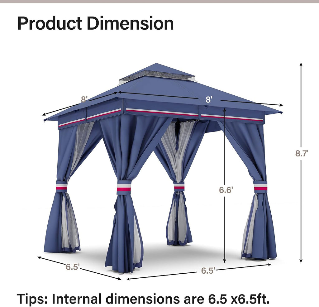 LAUSAINT HOME Gazebo 8x8ft, Heavy Duty Patio Gazebo with Expansion Bolts, Party Canopy Tent with Double Roofs, Mosquito Nettings and Privacy Screens for Backyard, Garden, Lawn, Classic Blue
