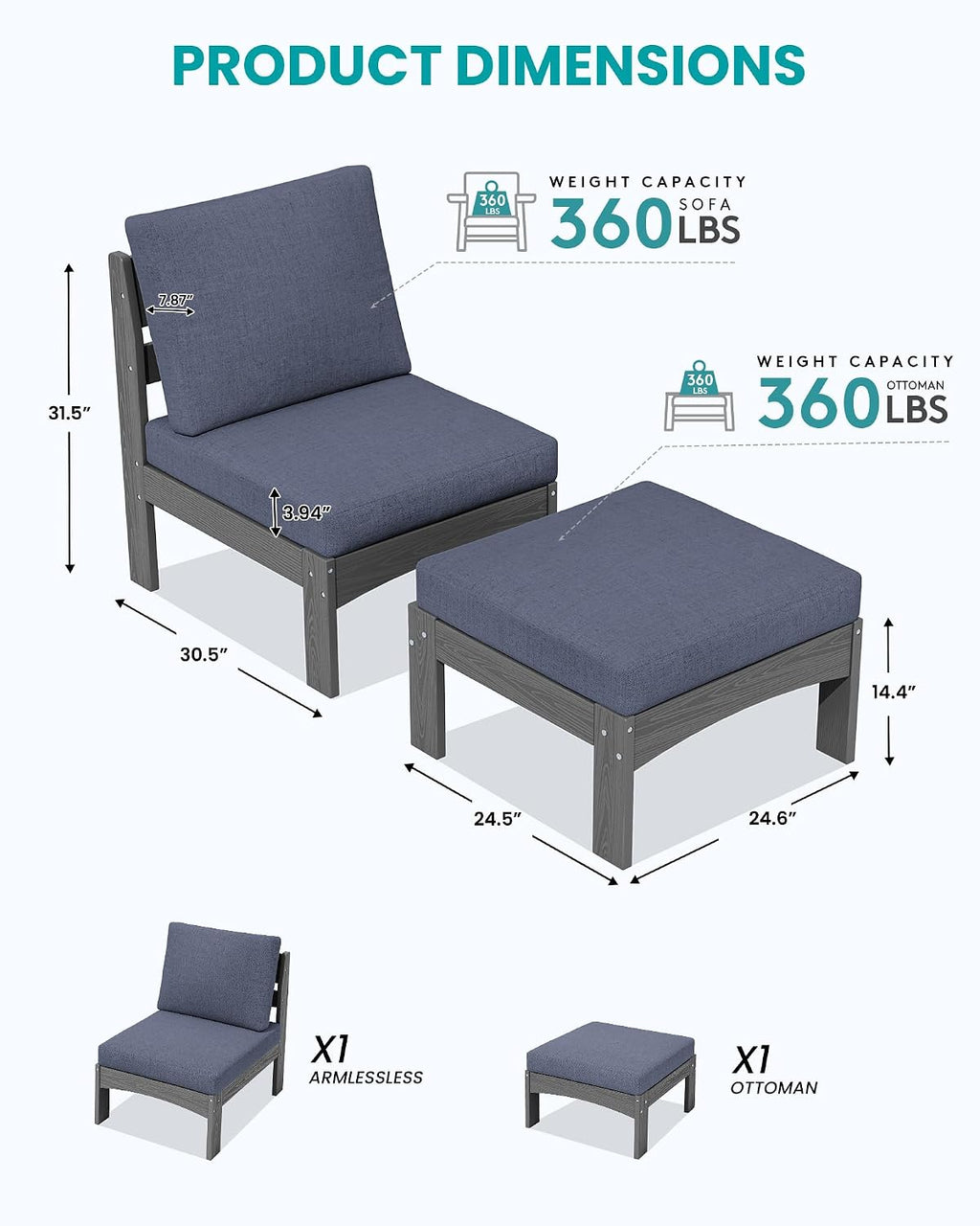 SERWALL 2 Pieces Patio Sofas, HDPE Outdoor Conversation Set with Cushions and Ottoman, Modular Sectional Patio Furniture for Backyard, Deck, Garden, Poolside, Grey Frame with Grey Cushion