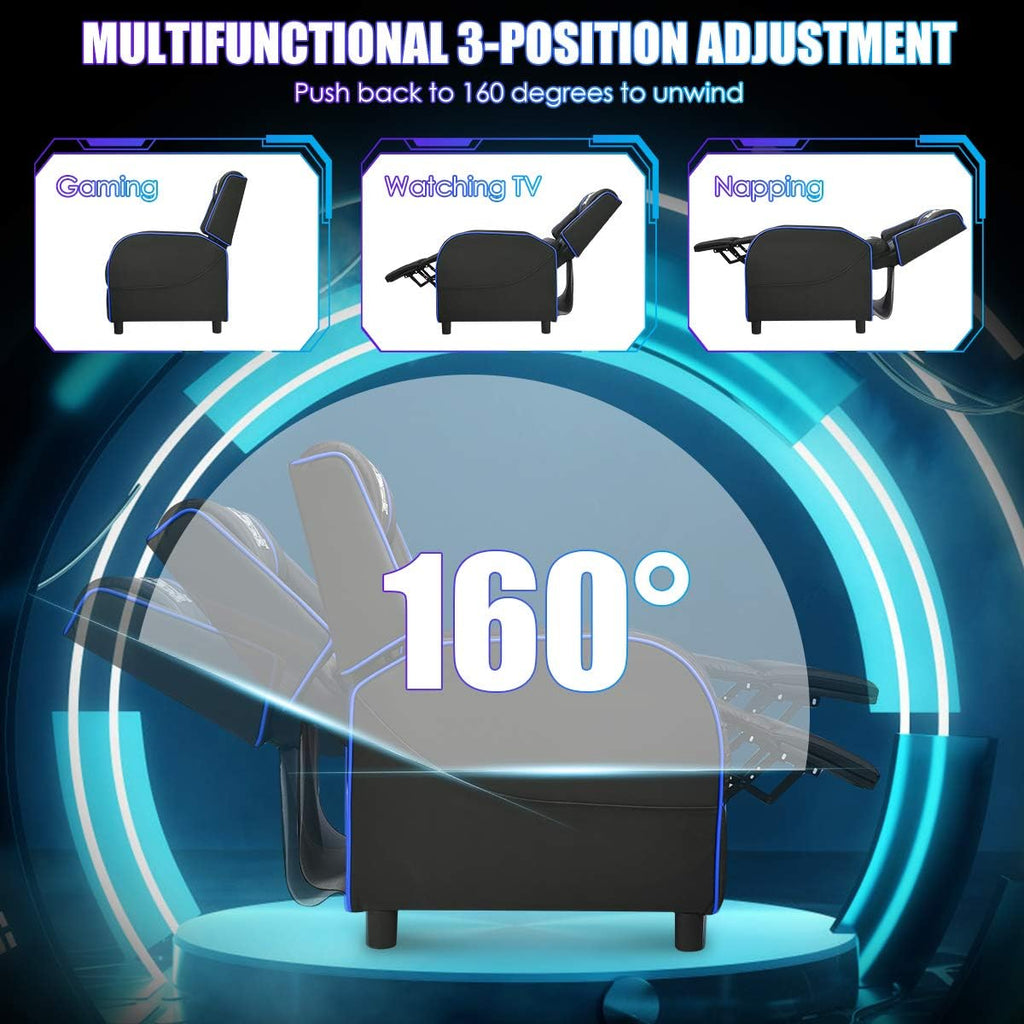 Giantex Gaming Recliner Chair, Adjustable Massage Gaming Chairs for Adults, Ergonomic Comfortable Lounge Leather Sofa w/Footrest, Remote Control & Side Pocket, Racing Style Single Sofa Recliners, Blue