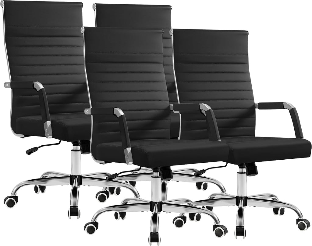 Furmax Ergonomic Office Desk Chair, Executive Ribbed Mid-Back PU Leather Conference Room Chair Adjustable Swivel Chair with Arms (4 pcs, Black)