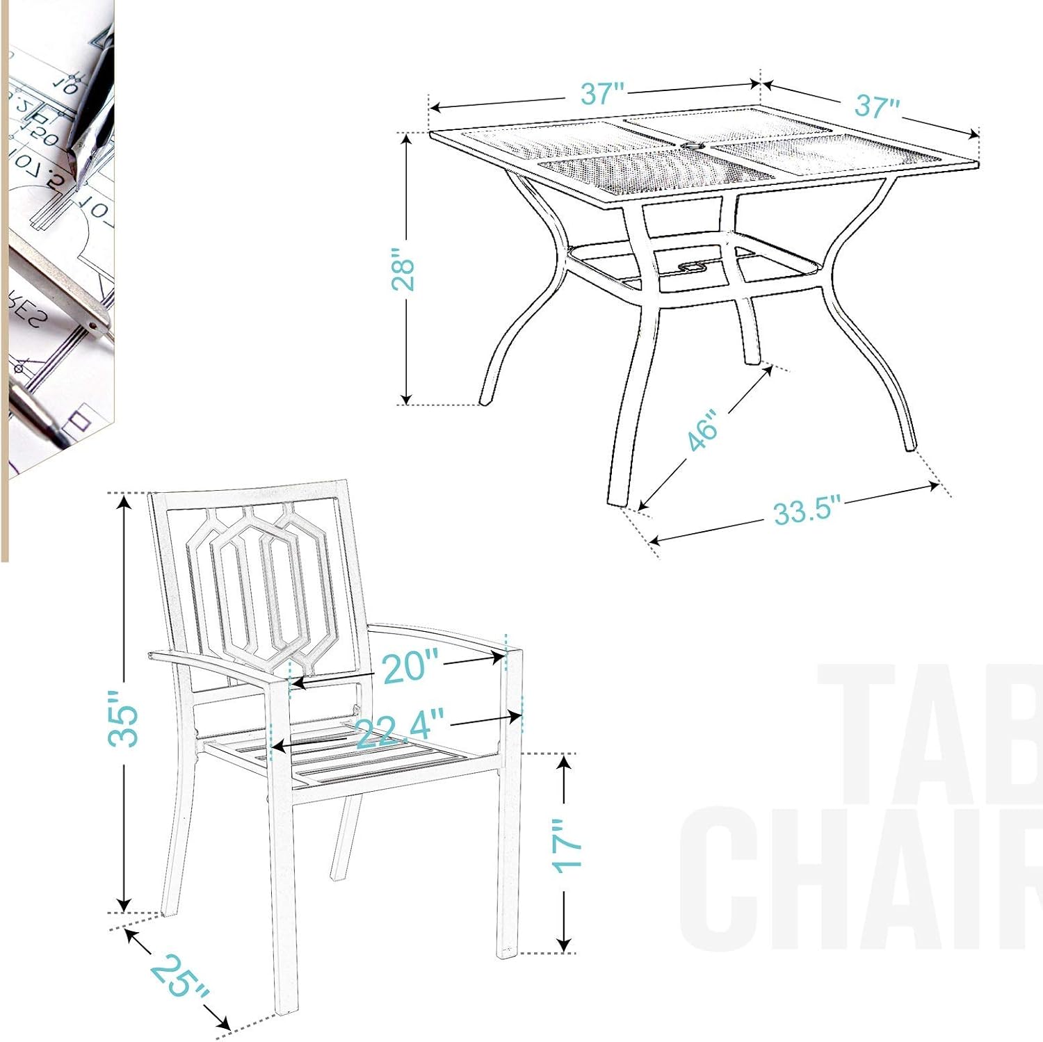 PHI VILLA 5-Piece Metal Patio Outdoor Table and Chairs Dining Set- 37' Square Bistro Table and 4 Backyard Garden Chairs, Table with 1.57' Umbrella Hole