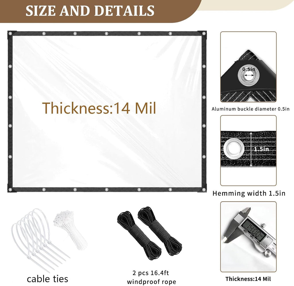 Clear Tarp 8x20ft with Grommets Thickened 14Mil Clear Tarps Heavy Duty Waterproof Tear Resistant PVC Vinyl Reinforced Edges for Small Patio Porch and Outdoor Greenhouse Plant Cover