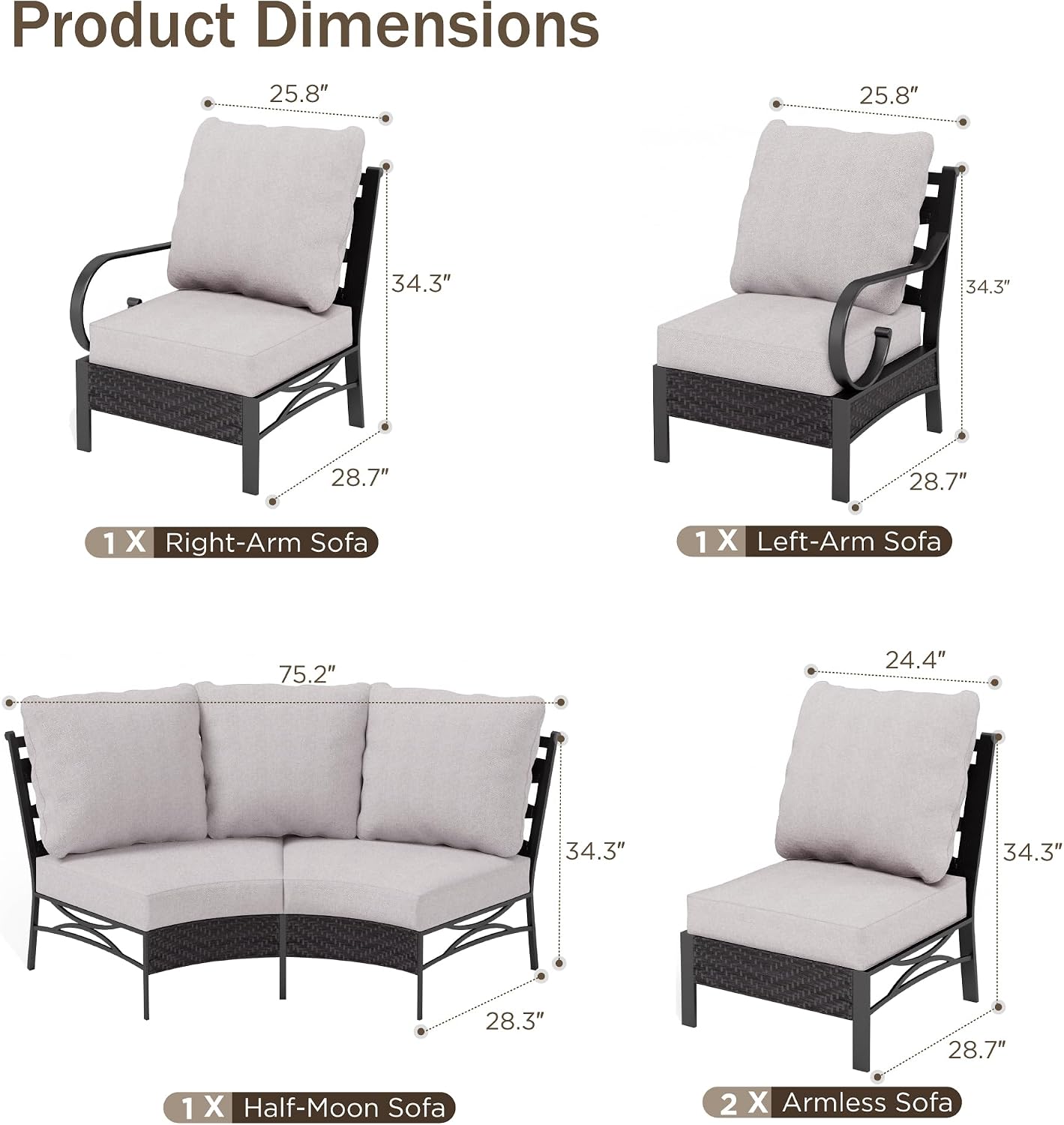PHI VILLA 6 Piece Half Moon Patio Furniture Set, Outdoor Curved Wicker&Metal Sectional Conversation Set for Garden Balcony and Backyard