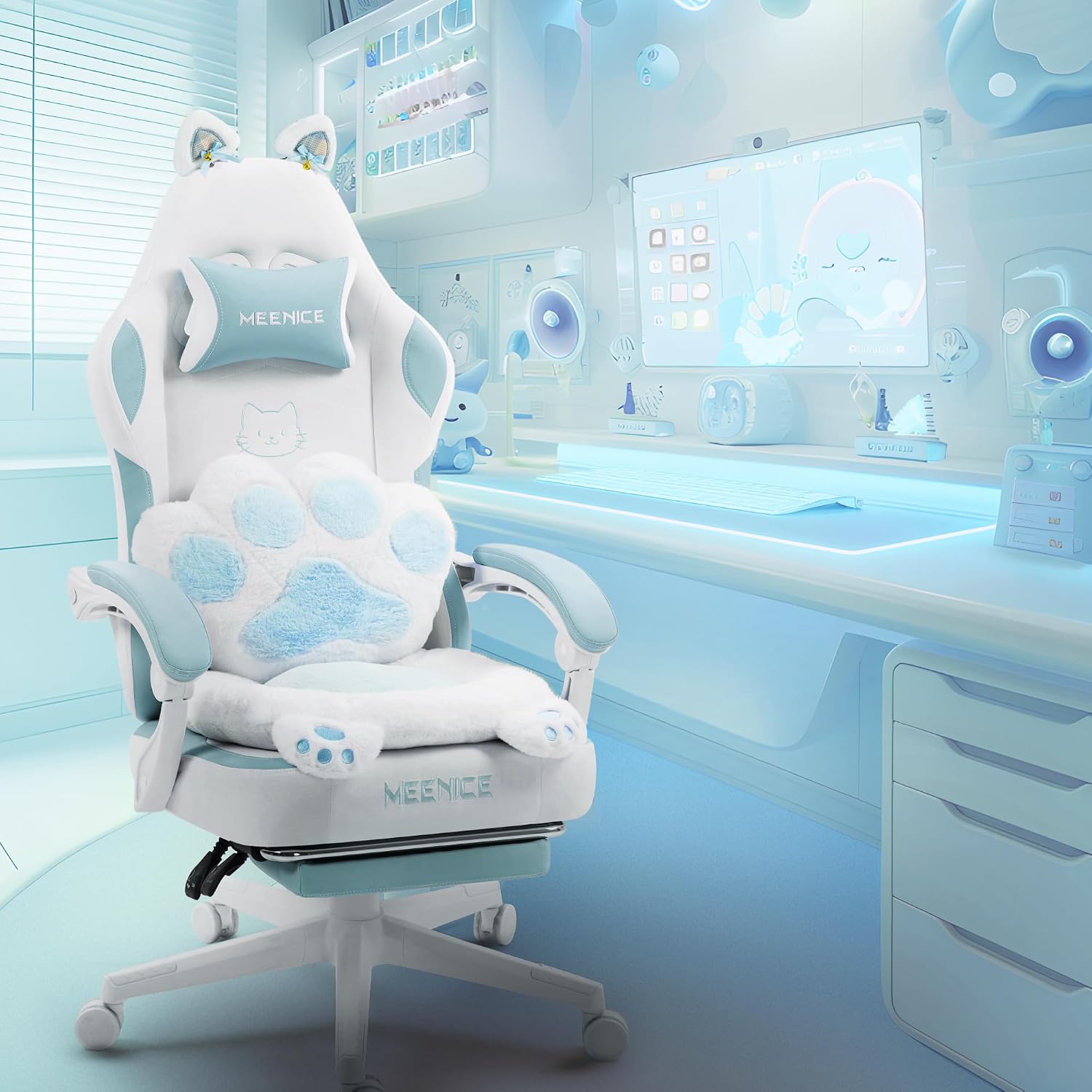 Gaming Chair Cute with Cat Ears Paw Lumbar and Cushion,Ergonomic Computer Chair with Footrest,Reclining PC Game Chair for Girl Computer Chair 300lbs for Adult Aqua Blue