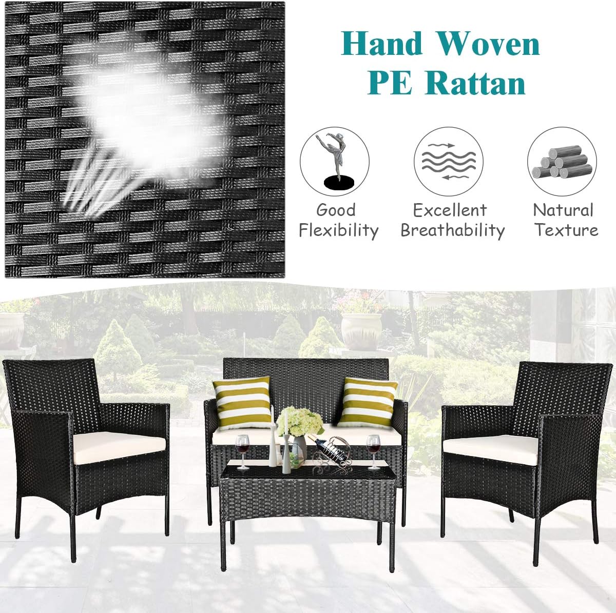 Tangkula 4 Piece Patio Furniture Set, Outdoor Wicker Conversation Set with Tempered Glass Coffee Table, Rattan Loveseat & Chairs Set with Seat Cushions for Backyard, Garden, Poolside (1, Beige)