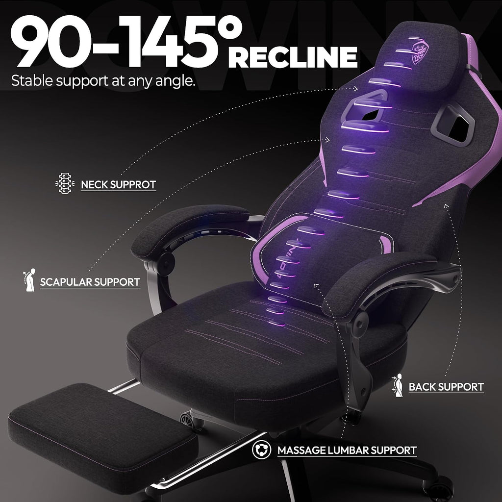 Dowinx Fabric Gaming Chair with Footrest, Big and Tall Ergonomic Gamer Chair with Lumbar Support, Wide Back Computer Chair for Heavy People, Purple