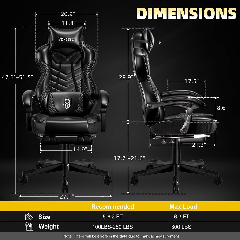 Vonesse Gaming Chair, Big and Tall Office Chair with Footrest and Massage, Gaming Chairs for Adults with Lumbar Support, Ergonomic High Back Computer Desk Chair with Pocket Spring Cushion (Black)