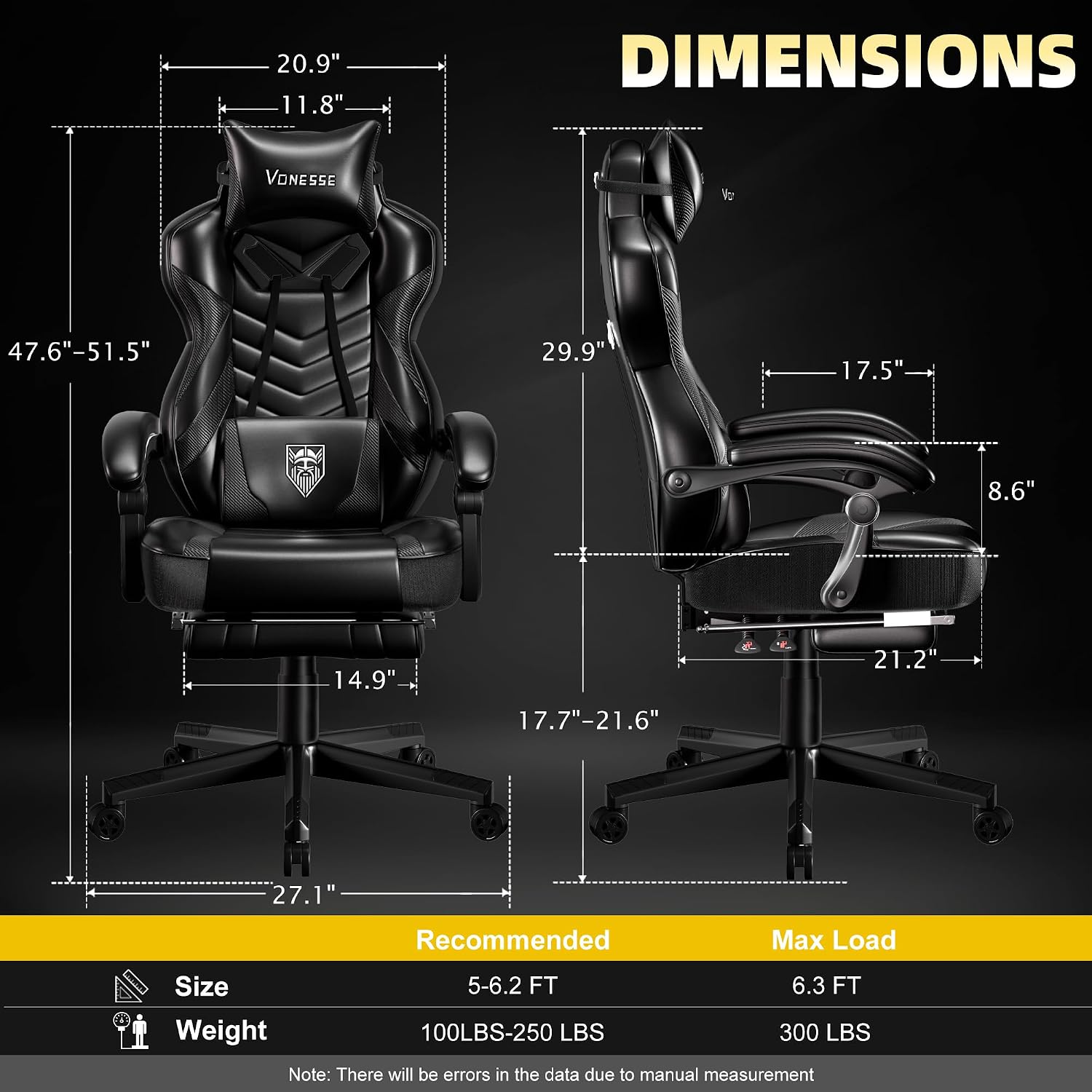 Vonesse Gaming Chair, Big and Tall Office Chair with Footrest and Massage, Gaming Chairs for Adults with Lumbar Support, Ergonomic High Back Computer Desk Chair with Pocket Spring Cushion (Black)