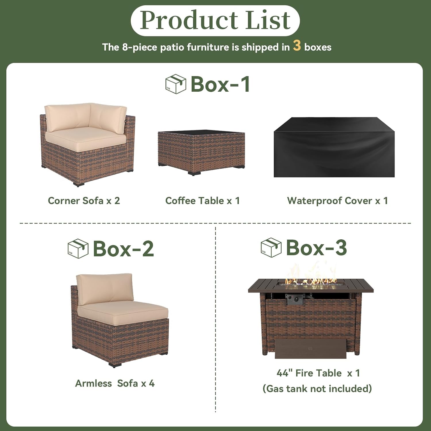 Aoxun 8 Piece Patio Furniture Set with 44' Fire Pit Table Wicker Rattan Outdoor Sectional Sofa Set with Coffee Table and Thickened Cushions, Beige (Waterproof Cover Included)