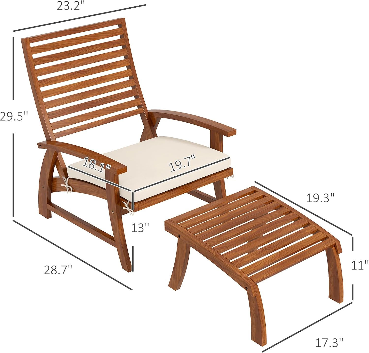 Outsunny 4 Piece Patio Furniture Set, 2 Chairs with Footstools, Outdoor Chair Set for 2 with Slatted Acacia Wood Seat and Backrest, Cushions and Ottomans, Cream White