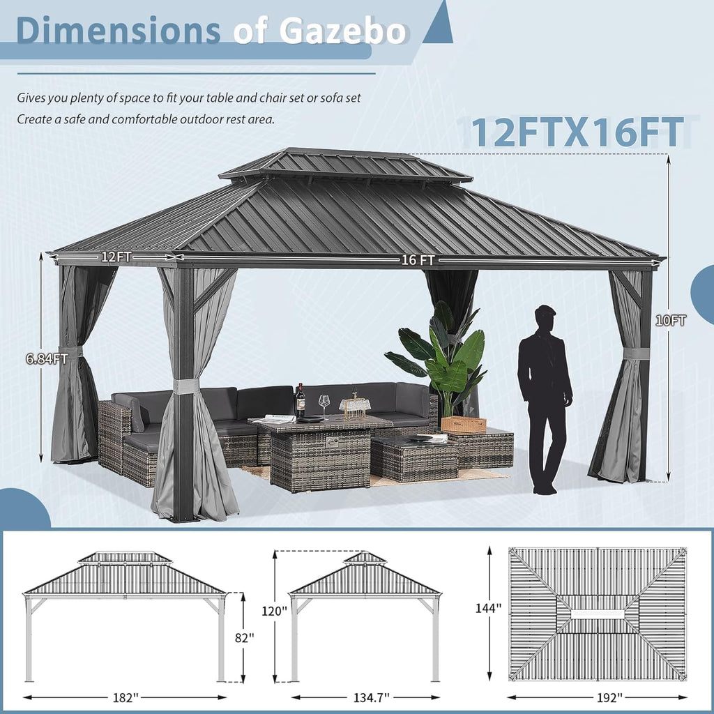 Aoxun 12' x 16' Permanent Hardtop Gazebo with Galvanized Steel Double Roof and Aluminum Frames Outdoor Large Pavilion Gazebo for Patio Deck Garden, Nettings and Curtains Included, Gray